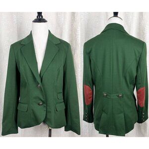 Equestrian green blazer faux suede elbow patches crest buttons academia Cass M